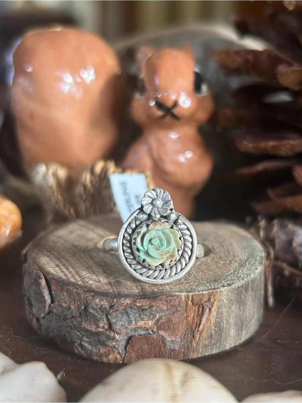 925 Sterling carved rose Mojave turquoise ring